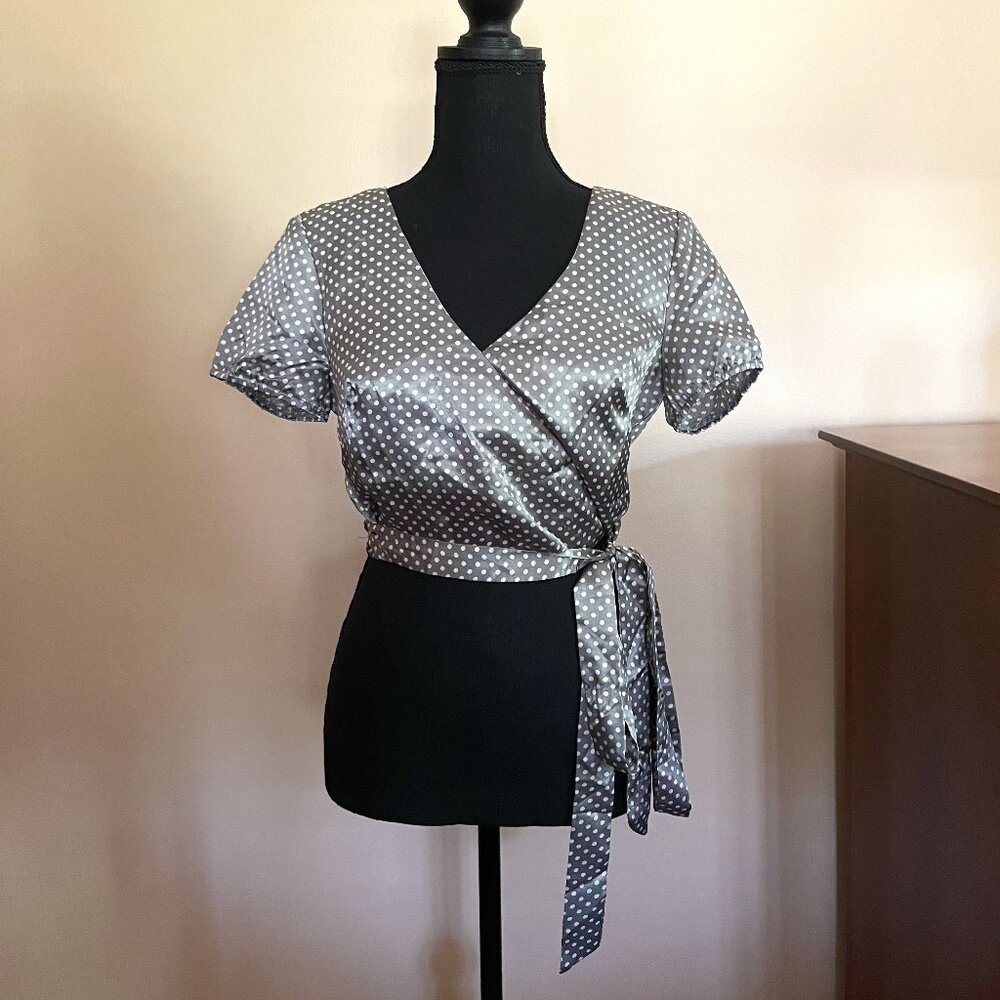 Revolve Superdown Satin Wrap Crop Top Grey and White Polka Dot Pattern